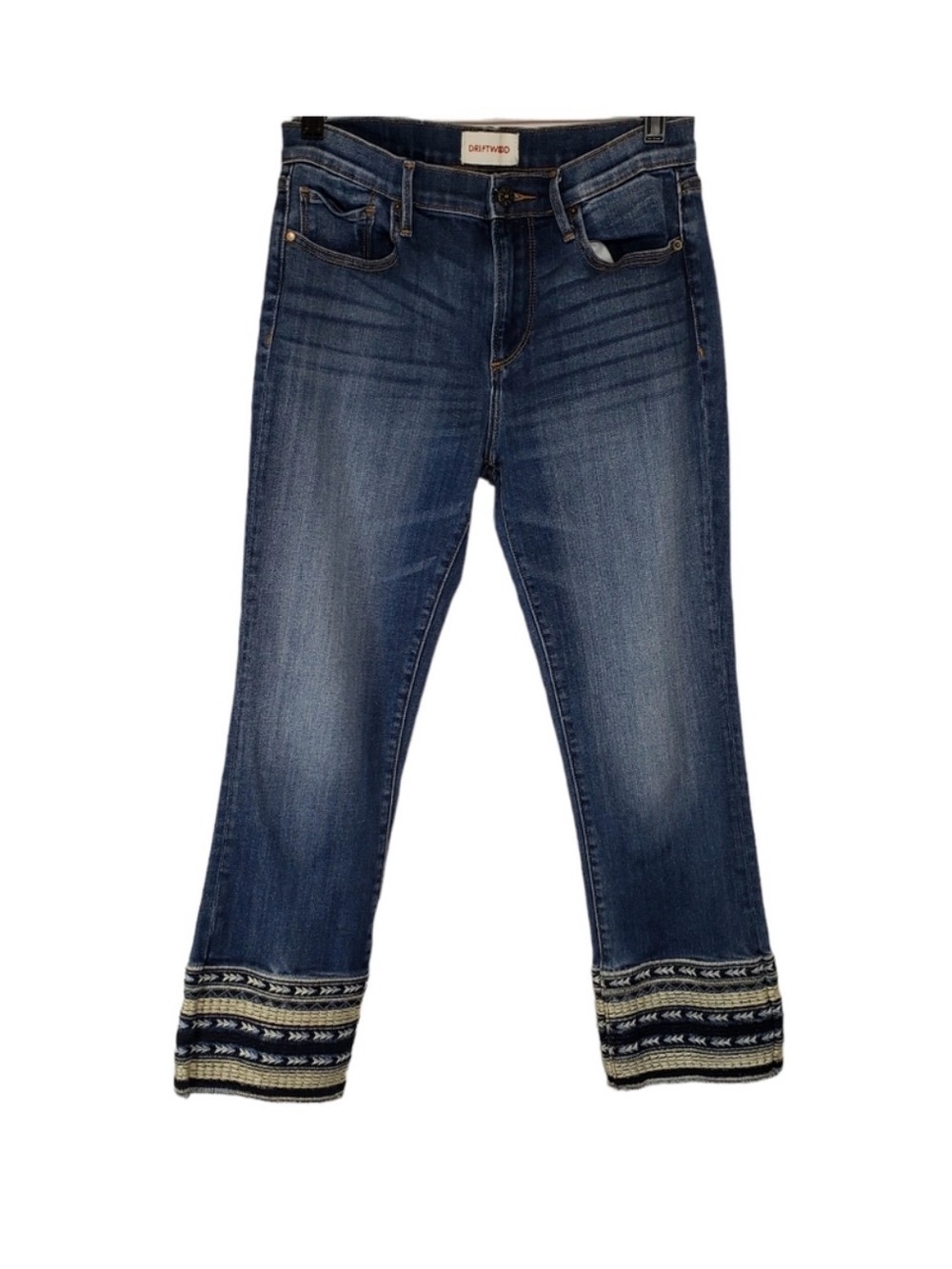 Driftwood Collette Straight Crop Embroidered Cuff Jeans Blue Size 28